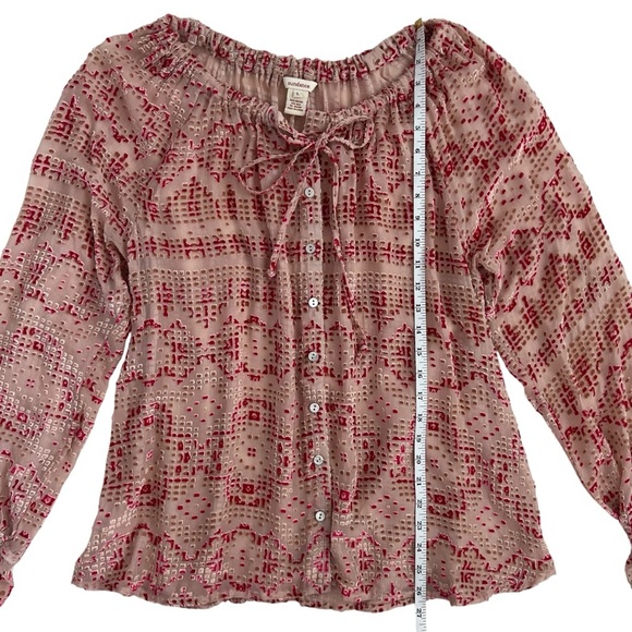 Sundance Cream Red Silk Velvet Burnout Peasant Sheer Button Blouse Size L - Picture 9 of 10